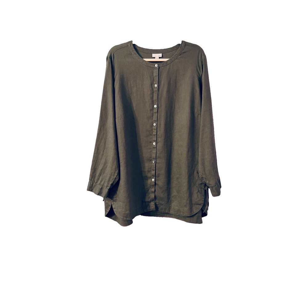 J. Jill Love Linen Tunic Top Size 2X Button Up Long Sleeves Oversized Coastal